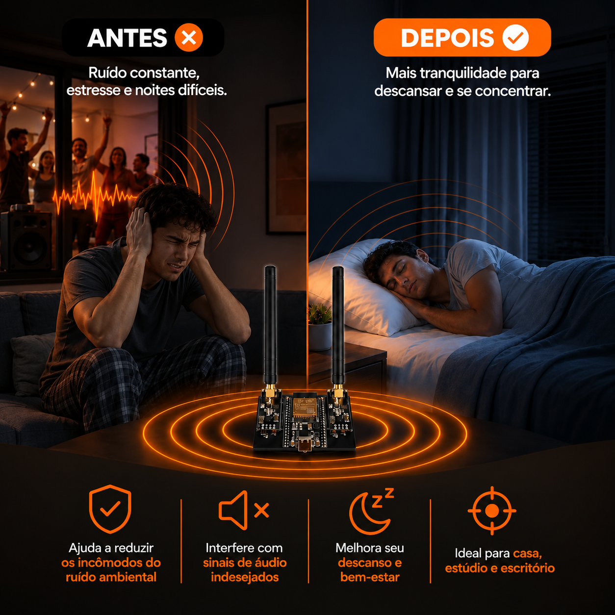 Antes: ruído constante, estresse e noites difíceis. Depois: mais tranquilidade para descansar e se concentrar.